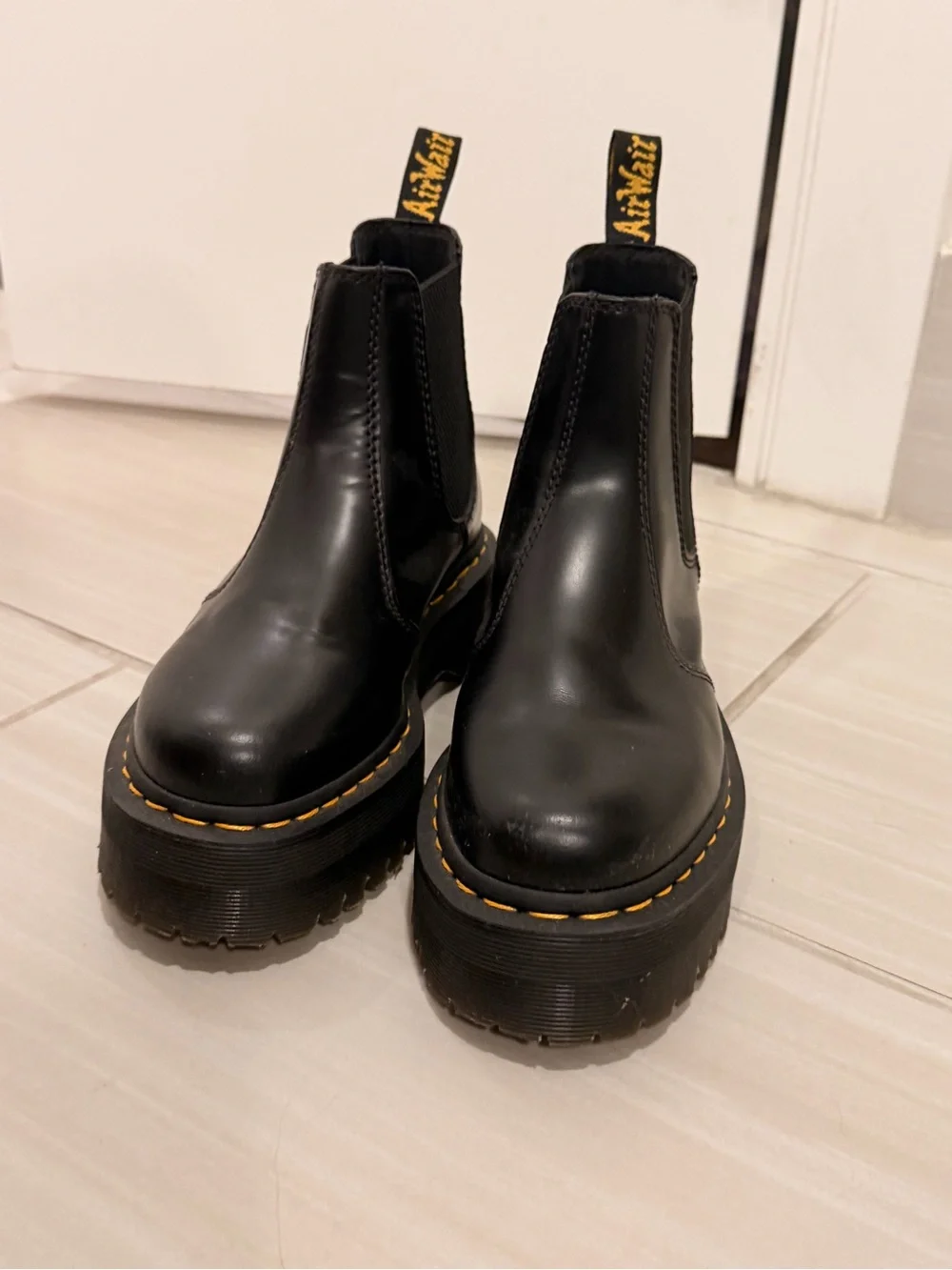 Dr. Martens Black Leather Chelsea Boots with Yellow Stitching